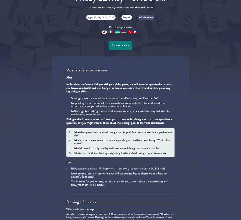 Animated walkthrough: Book a live video conference on the Ultimate Dialogue Adventure.